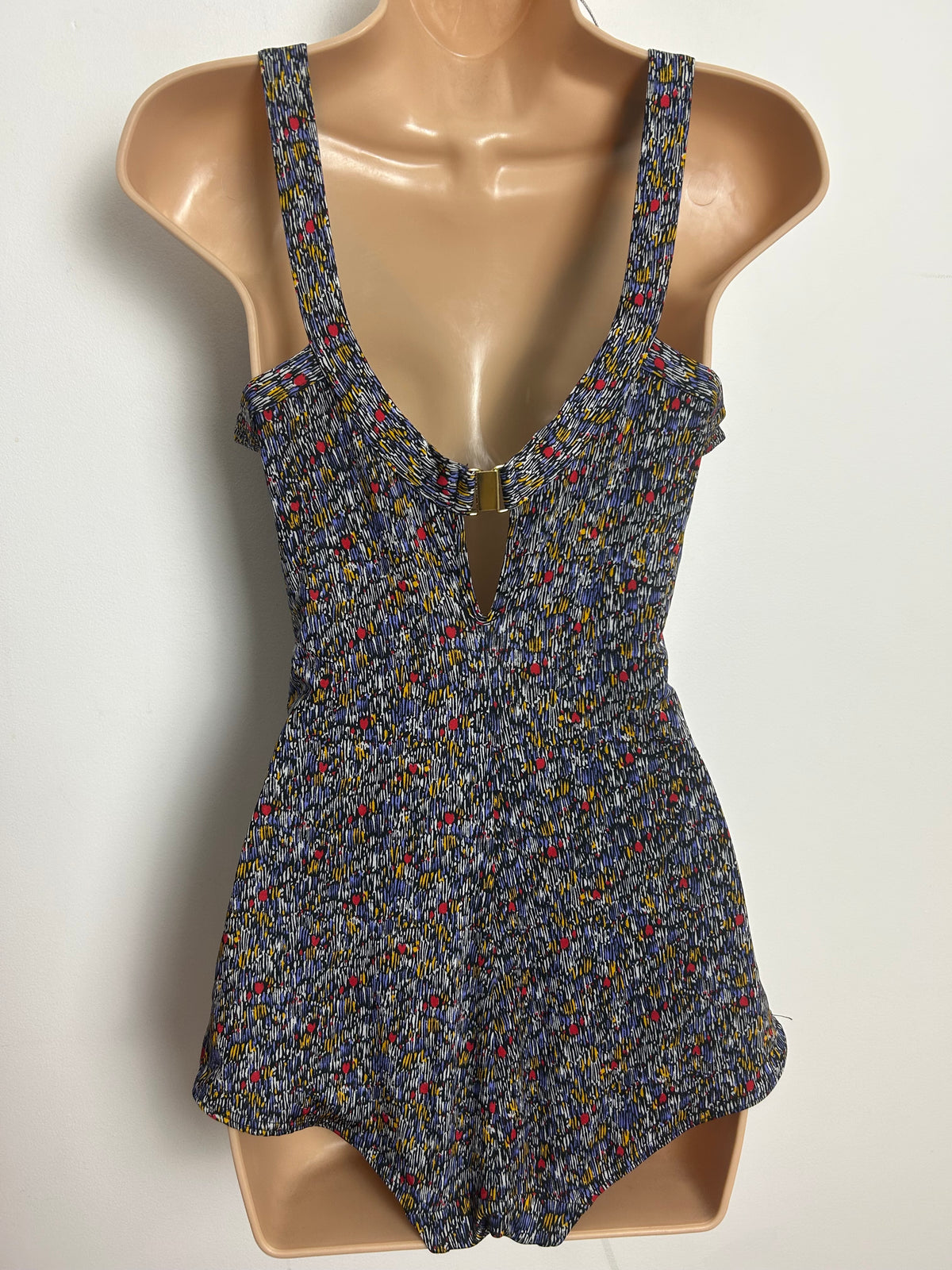 Vintage 1960s ANITA Size 14-16 Black Blue Red & Yellow Abstract Print Moulded Cup Skirted Swimsuit