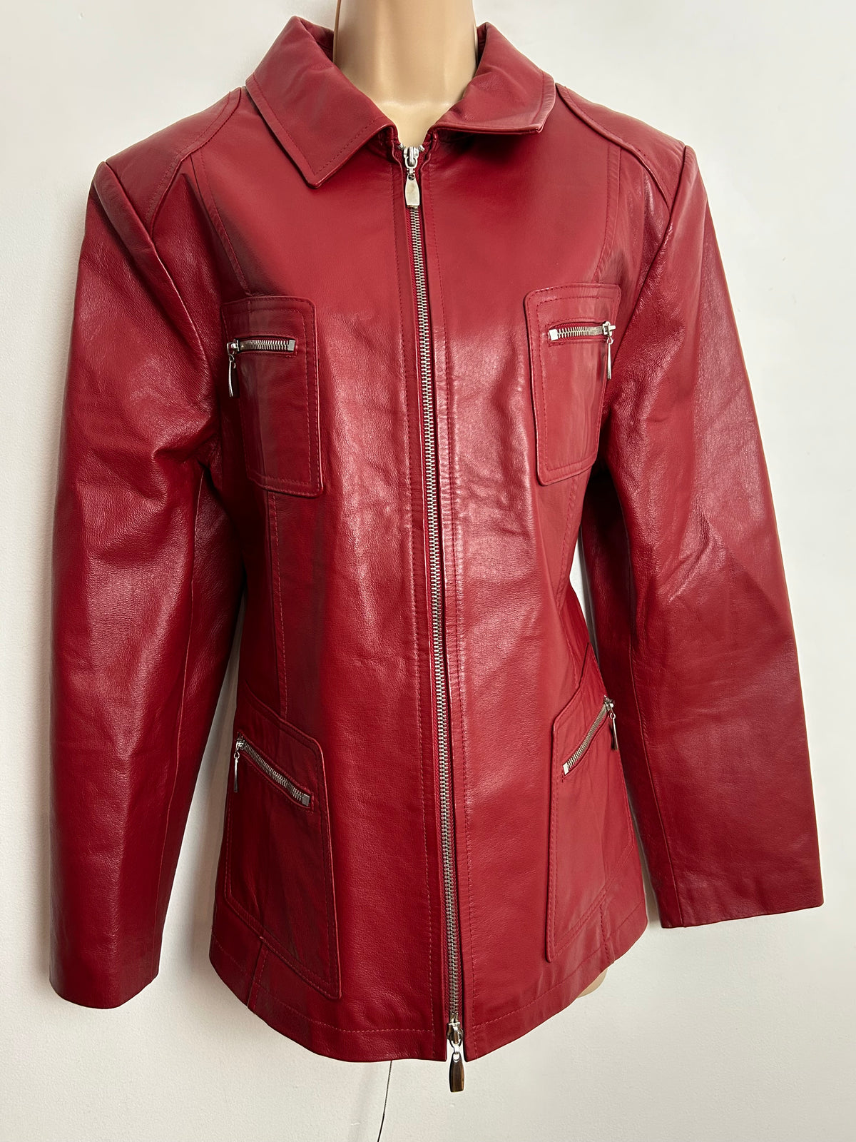 Vintage Late 1980s UK Size 14-16 Red Leather Zip Fronted Pocket Detail Jacket