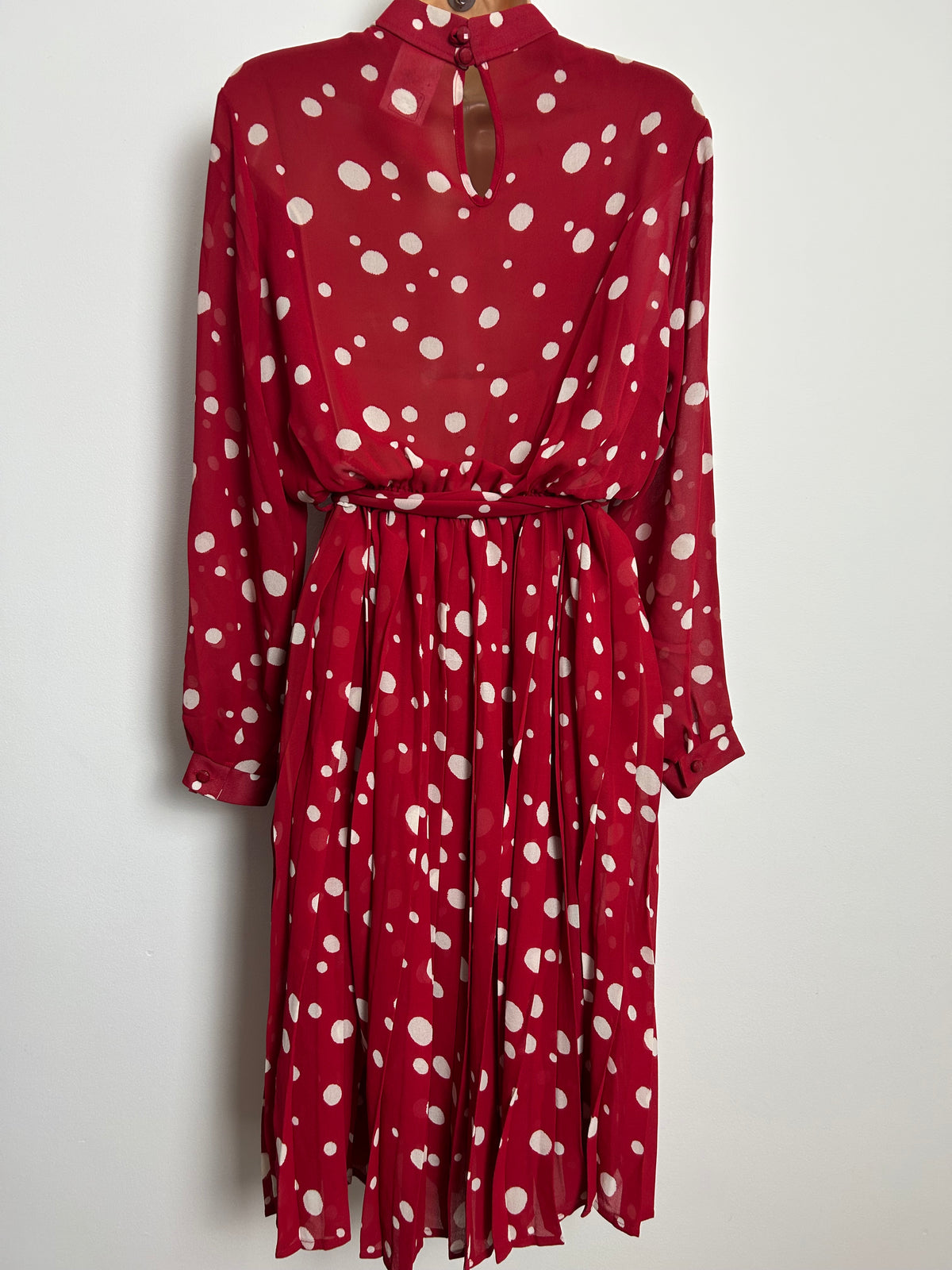 Vintage Early 1980s ST MICHAEL Size 12 Red & White Polka Dot Spot Print Belted Pleated Dress