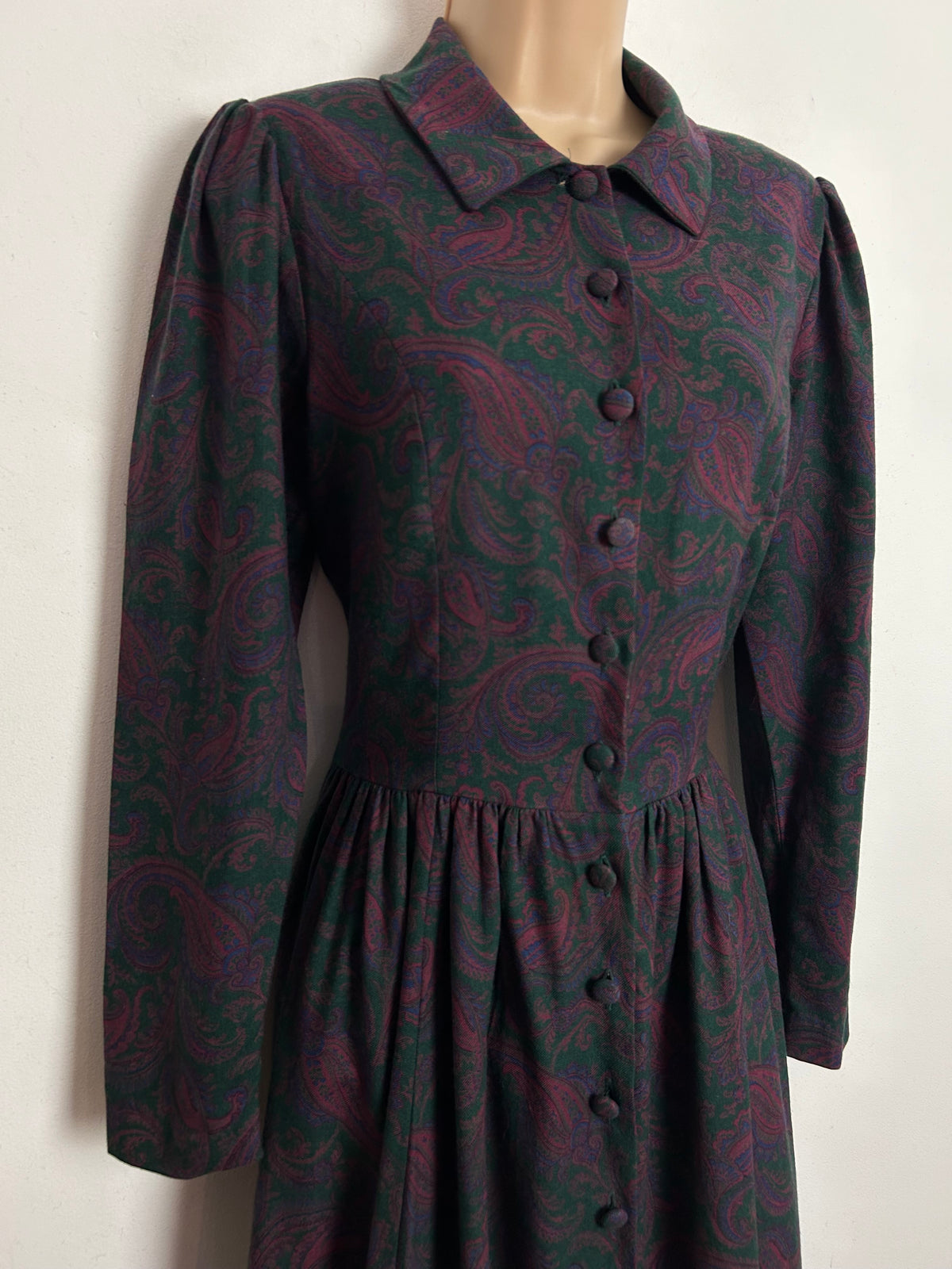 Vintage 80s LAURA ASHLEY UK 8-10 (Size 10 On Label) Very Dark Pink & Dark Green Floral Paisley Wool Mix Day Dress