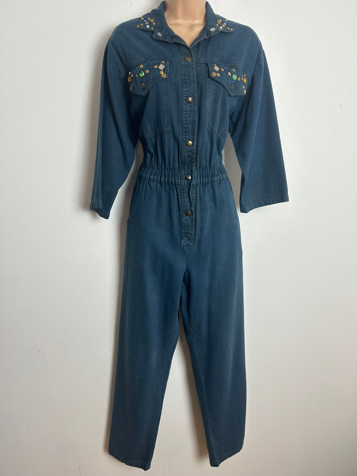 Vintage 1980s DREAMS Size 10 Dark Denim Jewel & Stud Embellished Pocket Detail Jumpsuit