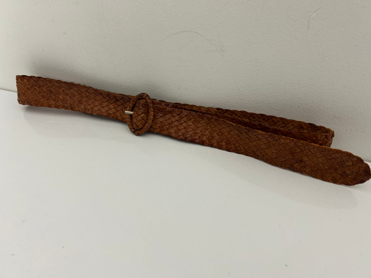 Vintage 1970s Tan Brown Leather Woven Belt Up To 36" Waist