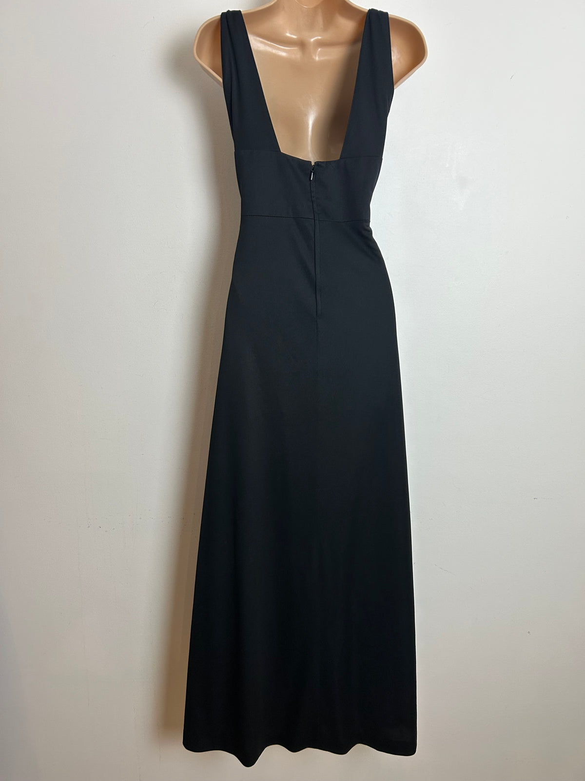 Vintage 1970s Size 8 Black Plunge Neck Tie Shouder Diamante Detail Evening Maxi Dress