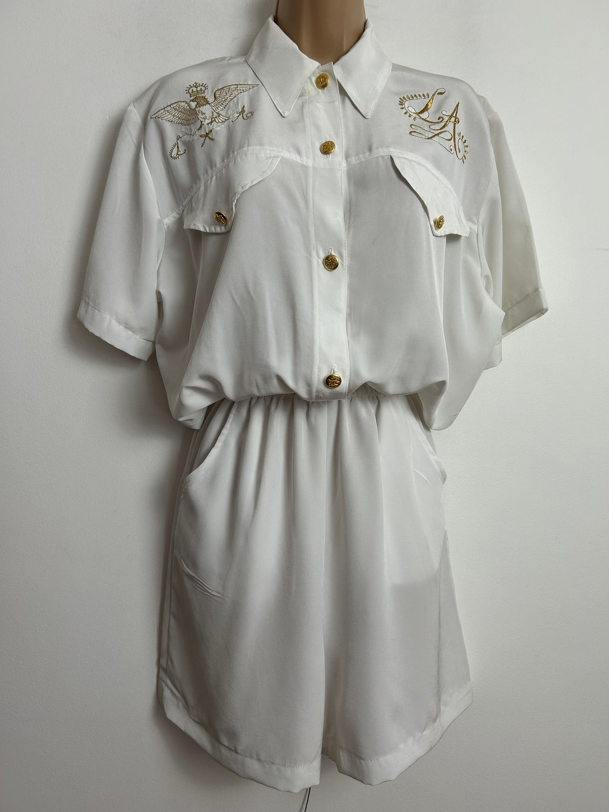 Vintage 1980s ST DENIS Size 10 White & Gold Embroidered Detail Cut Out Back Summer Playsuit