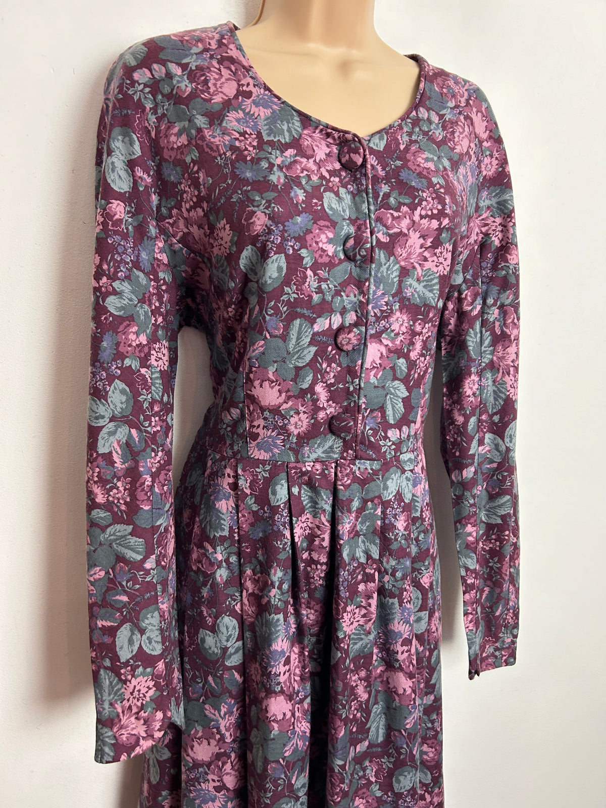 Vintage 80s LAURA ASHLEY UK Size 12 (Size 14 On Label) Plum Purple & Pink Floral Print Wool Mix Midi Dress Made In Rep Of Ireland