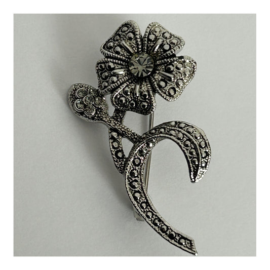 Vintage 1960s Silver Tone Marcasite Pretty Flower Diamante Set Pin Brooch