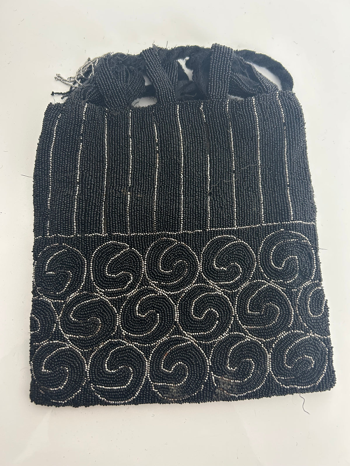 Vintage Circa 1920s Black & Silver Micro Beaded Swirl Pattern Pouch Style Flapper Bag