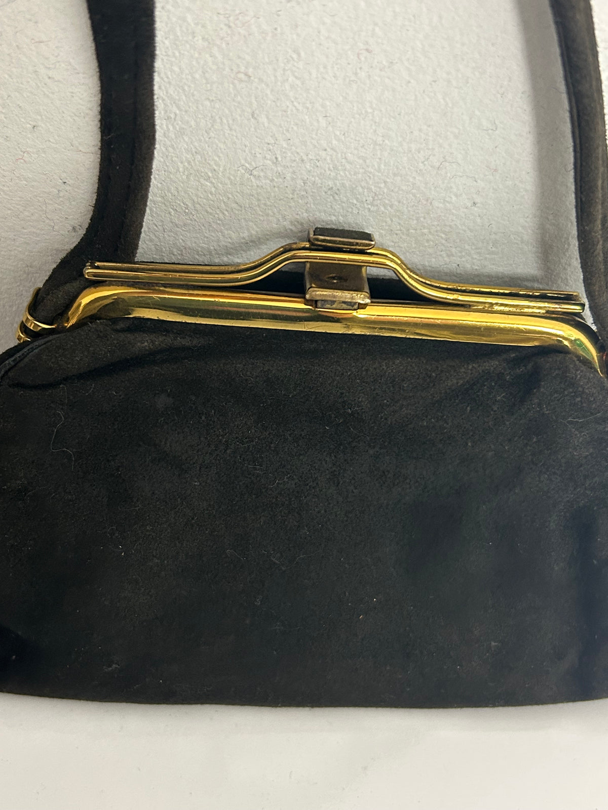 Vintage 1940s Black Suede & Gold Tone Frame Mini Handbag