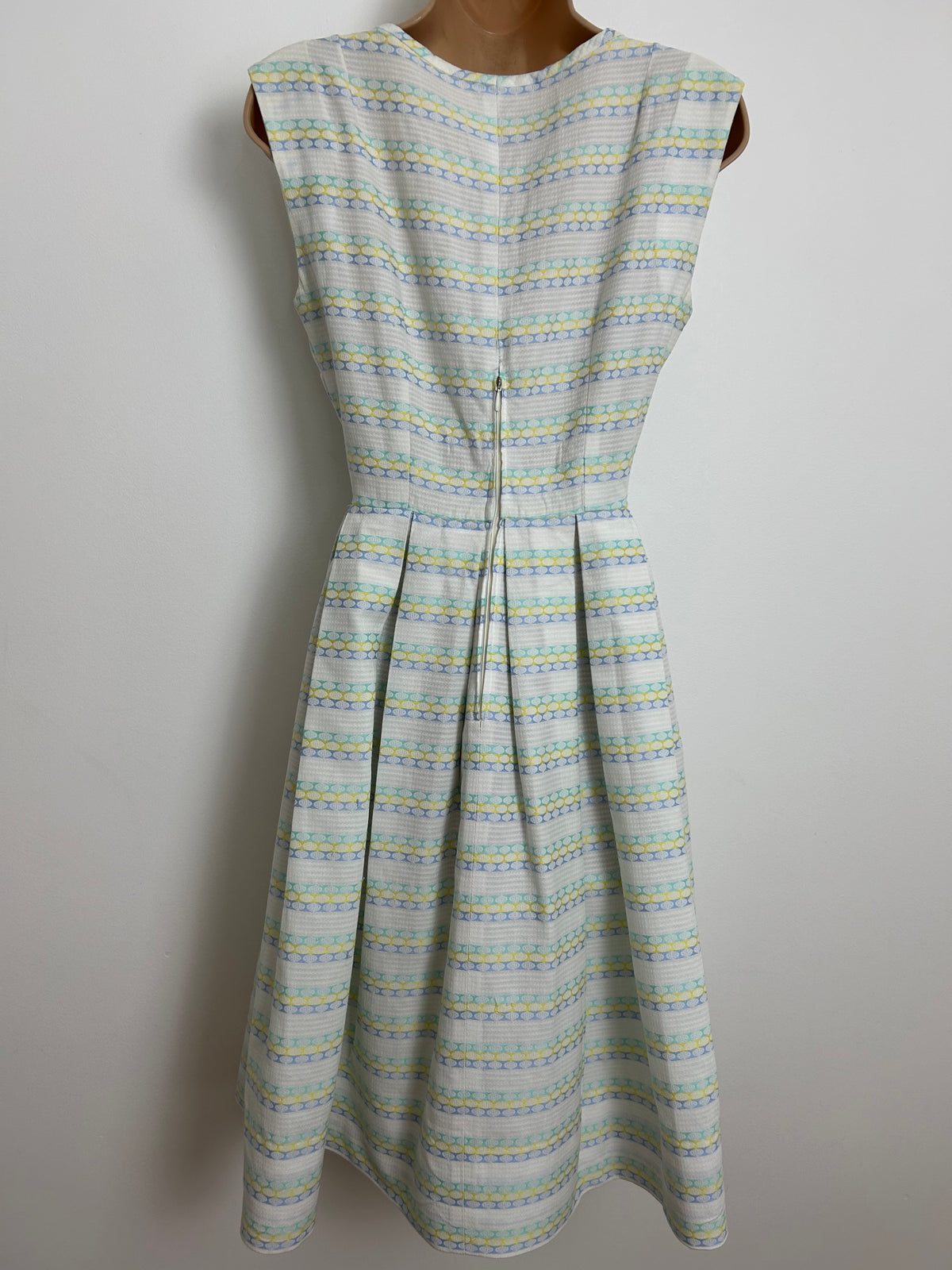 Vintage Late 1950s Early 1960s Size 8 White Blue Lemon & Mint Stripe Print Pleated Day Dress