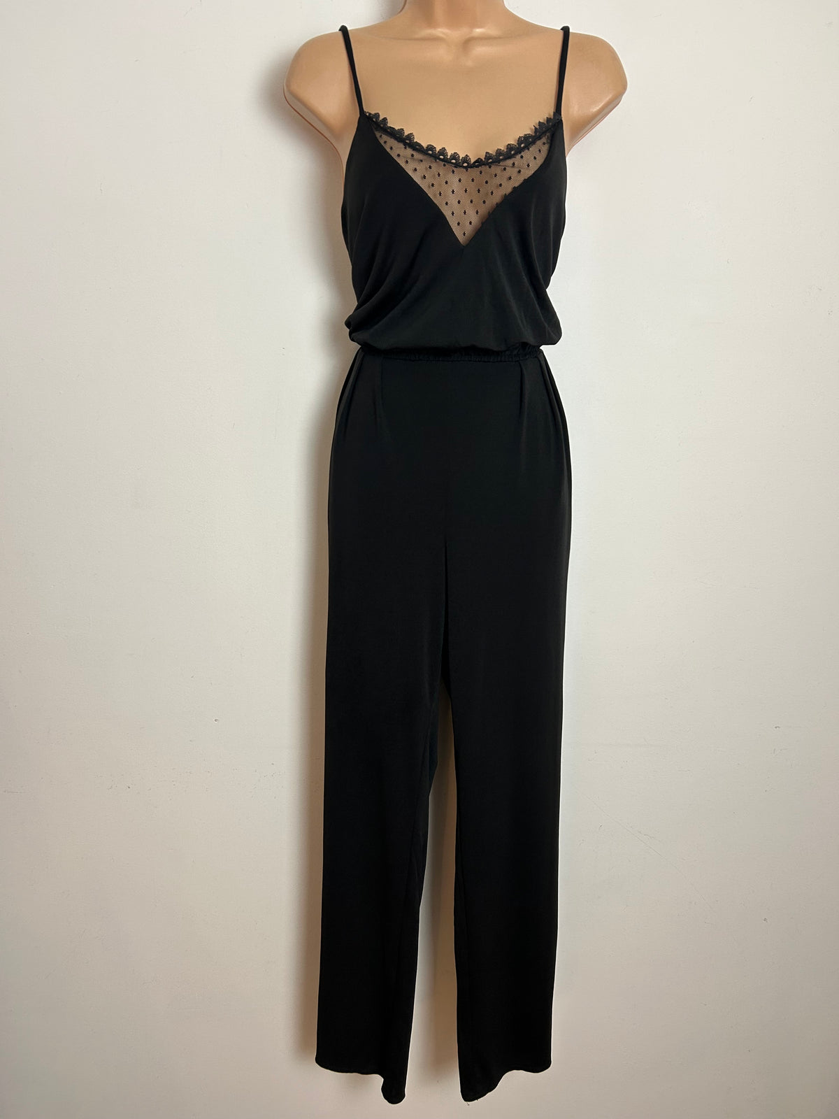 Vintage Late 1970s JOHN MARKS BY ANNE TYRELL Size 8-10 Black Mesh Panel Straight Leg Jumpsuit