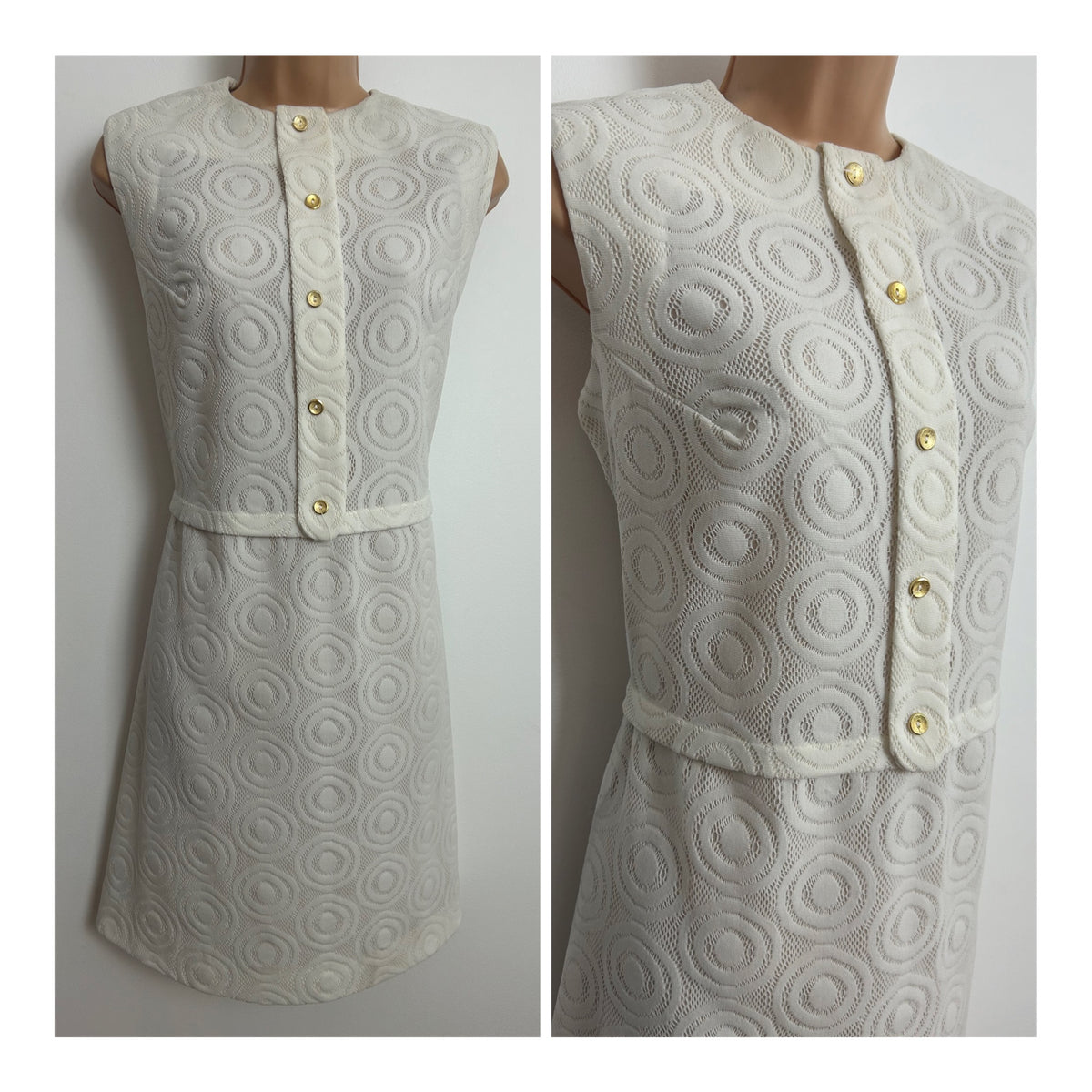 Vintage 1960s Size 14 White Lace Effect Sleeveless Summer Mod Shift Dress