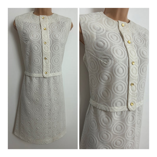 Vintage 1960s Size 14 White Lace Effect Sleeveless Summer Mod Shift Dress