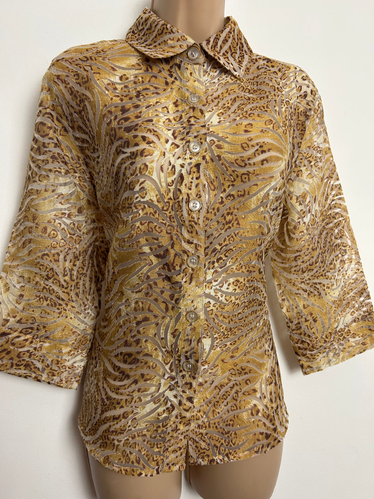 Vintage 1990s DRAPERS & DAMONS Size 10-12 Leopard Animal Print Burn Out Shirt
