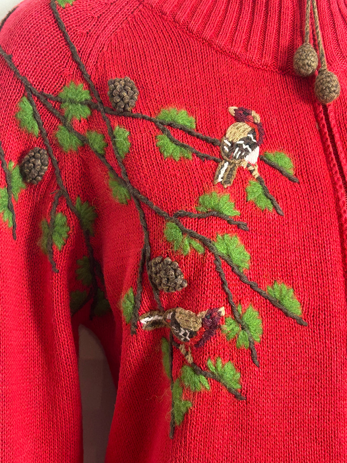 Vintage COLDWATER CREEK Size M Up To 12 Red Cotton Mid Embroidered Bird Woodland Cardigan