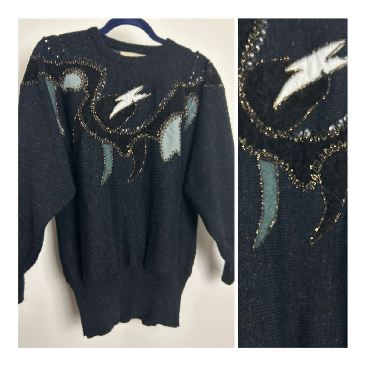 Vintage 1980s SERGIO RICO Size 12-14 Black Braid & Applique Detail Long Sleeve Slouchy Jumper