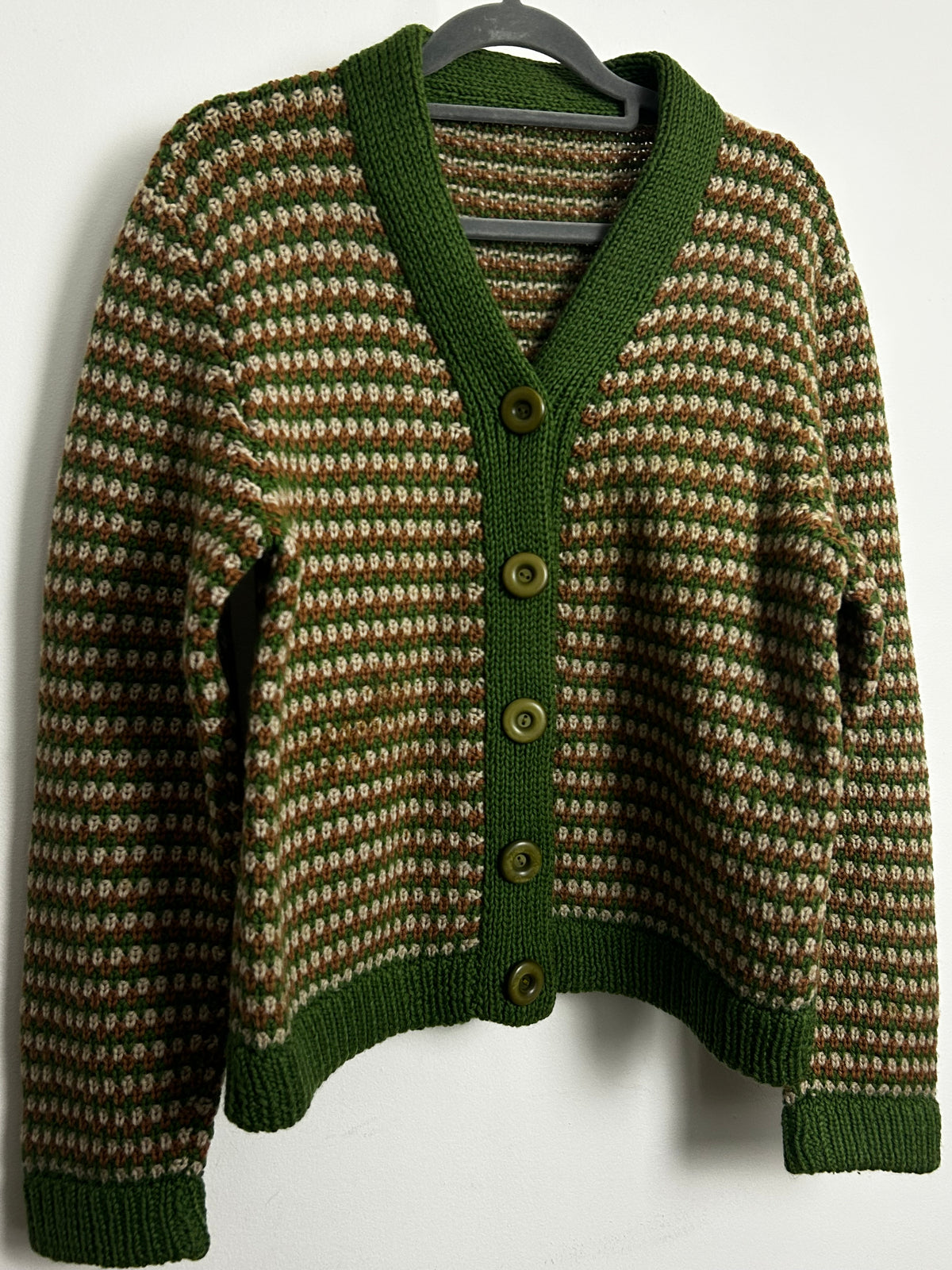 Vintage 1960s Size 10-12 Green Brown & Cream Chunky Knit Wool Cardigan