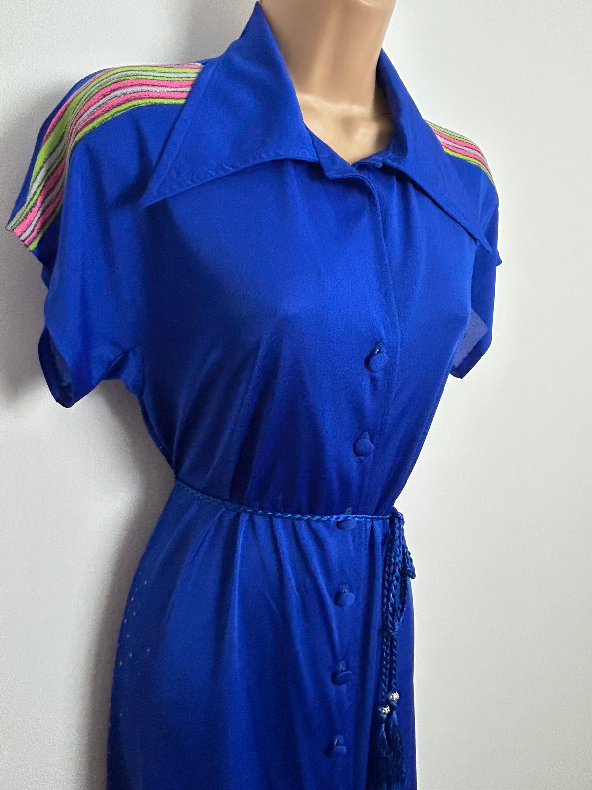 Vintage 1970s Super Rare PRINCESS RASPANTI Size 12-14 Blue Pink & Green Print Dagger Collar Belted Dress