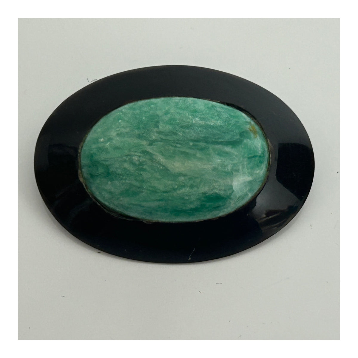 Vintage Homemade Black & Green Marble Effect Plastic Oval Shape Pin Brooch