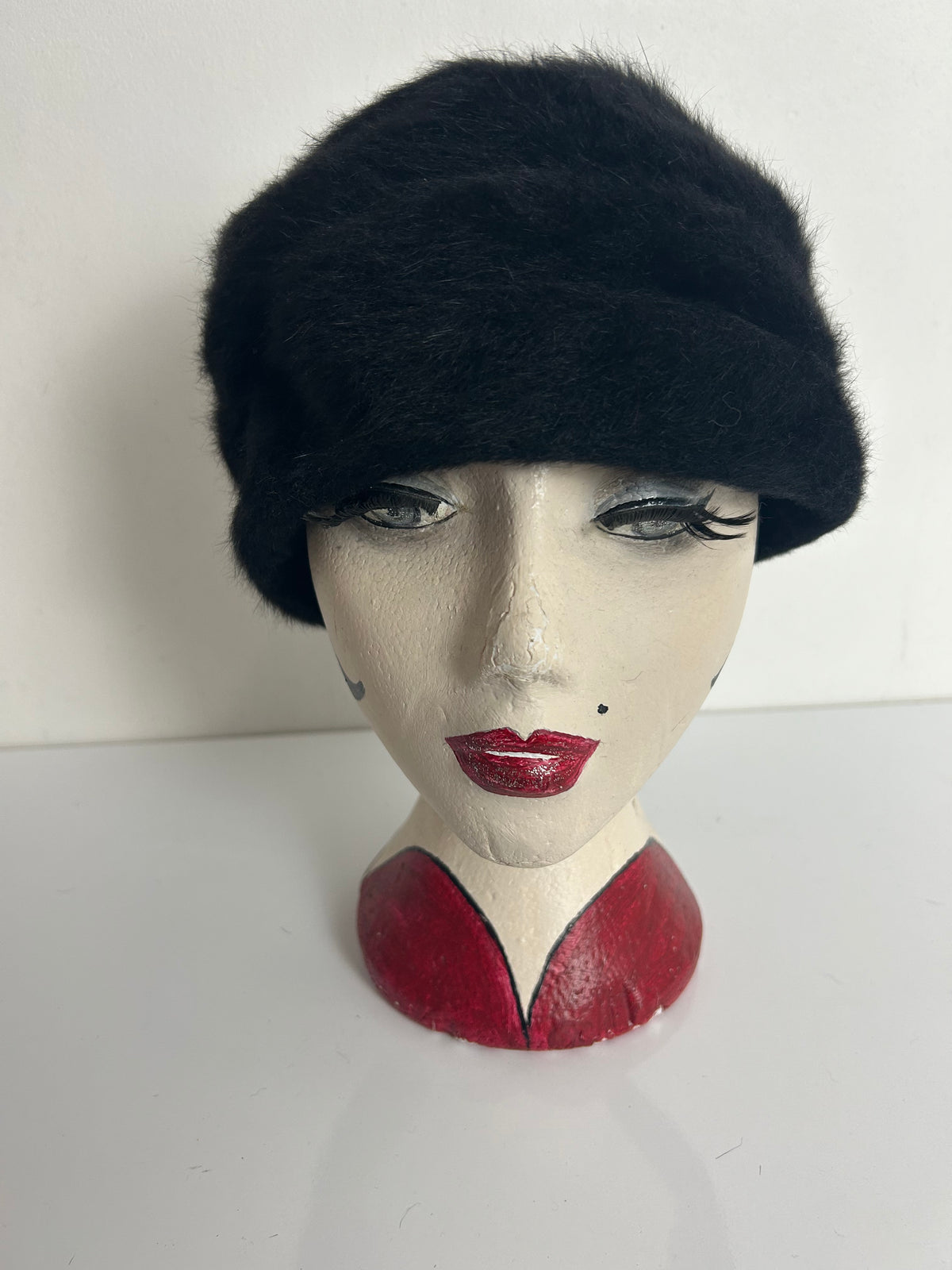 Vintage 1960s Black Angora Mix Turban Style Pill Box Hat
