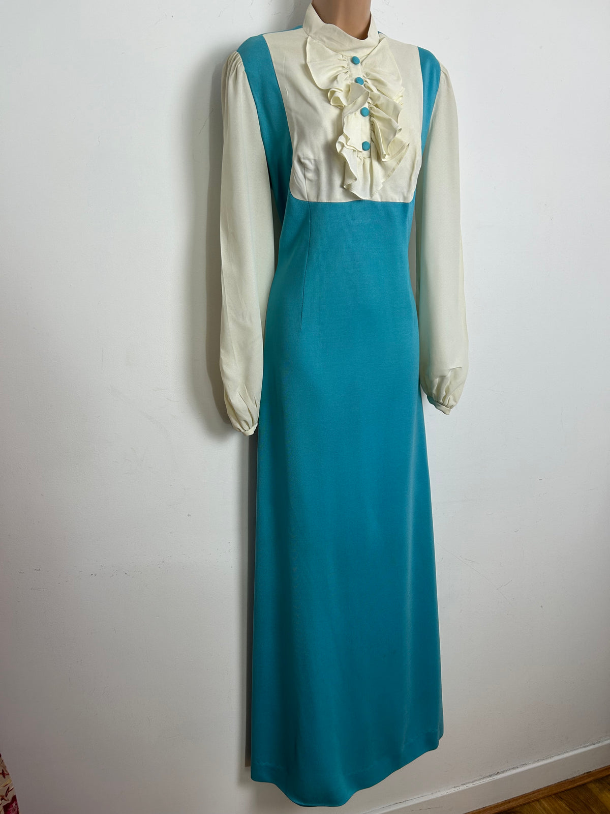Vintage Late 1960s Size 14 Turquoise & Cream Ruffle Bib Long Sleeve Maxi Dress