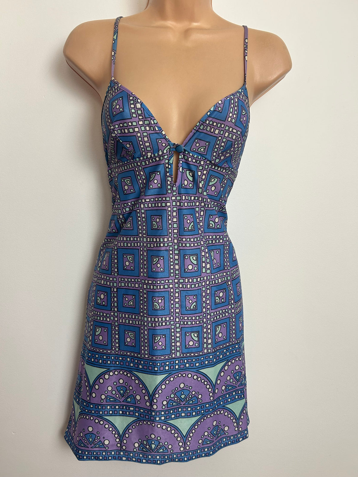 Vintage 1970s PIPPA DEE Size 8 Blue Lilac & Mint Green Geo Print Summer Sun Dress