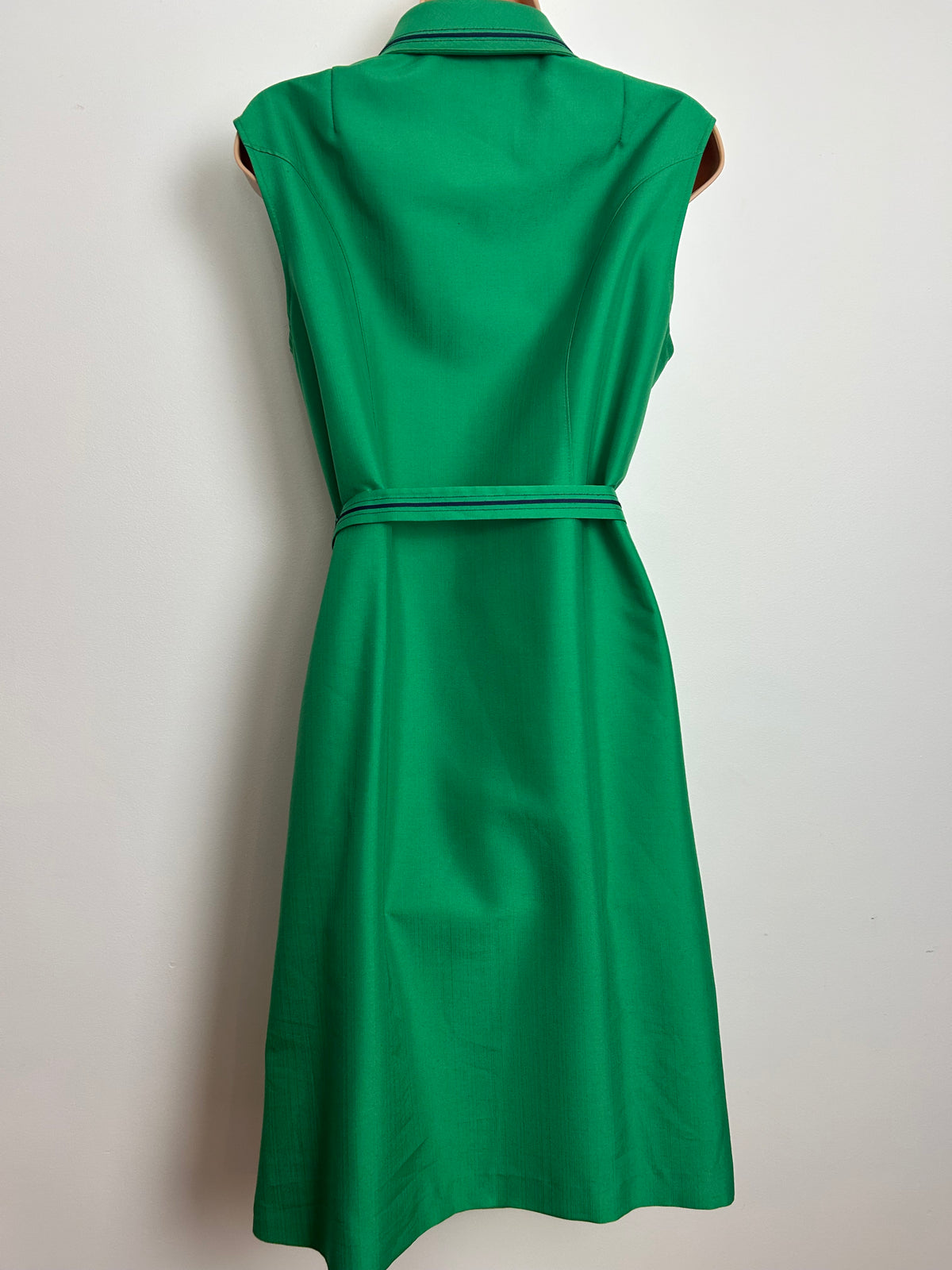 Vintage 1970s Size 14-16 Green & Black Braid Trim Pocket Detail Belted Mod Dress