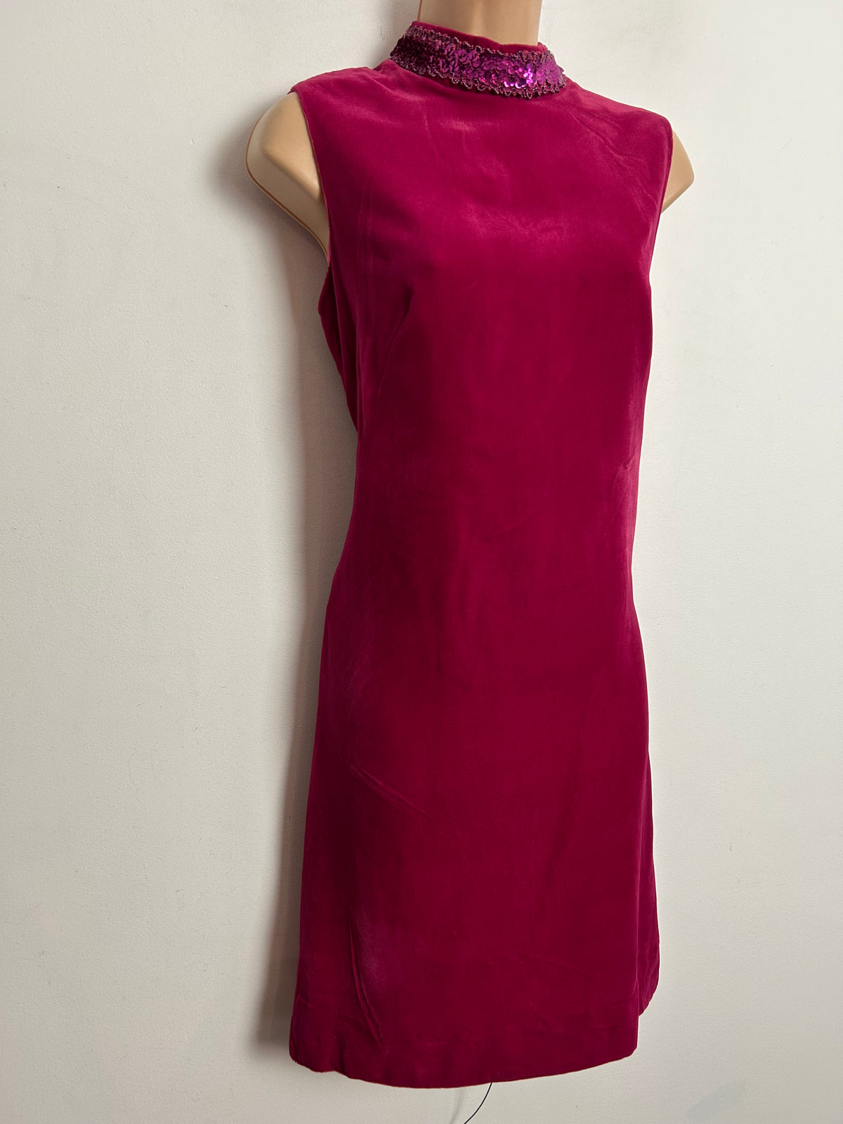Vintage 1960s UK Size 12 Raspberry Red Velvet Sequin & Braid Trim Evening Shift Dress