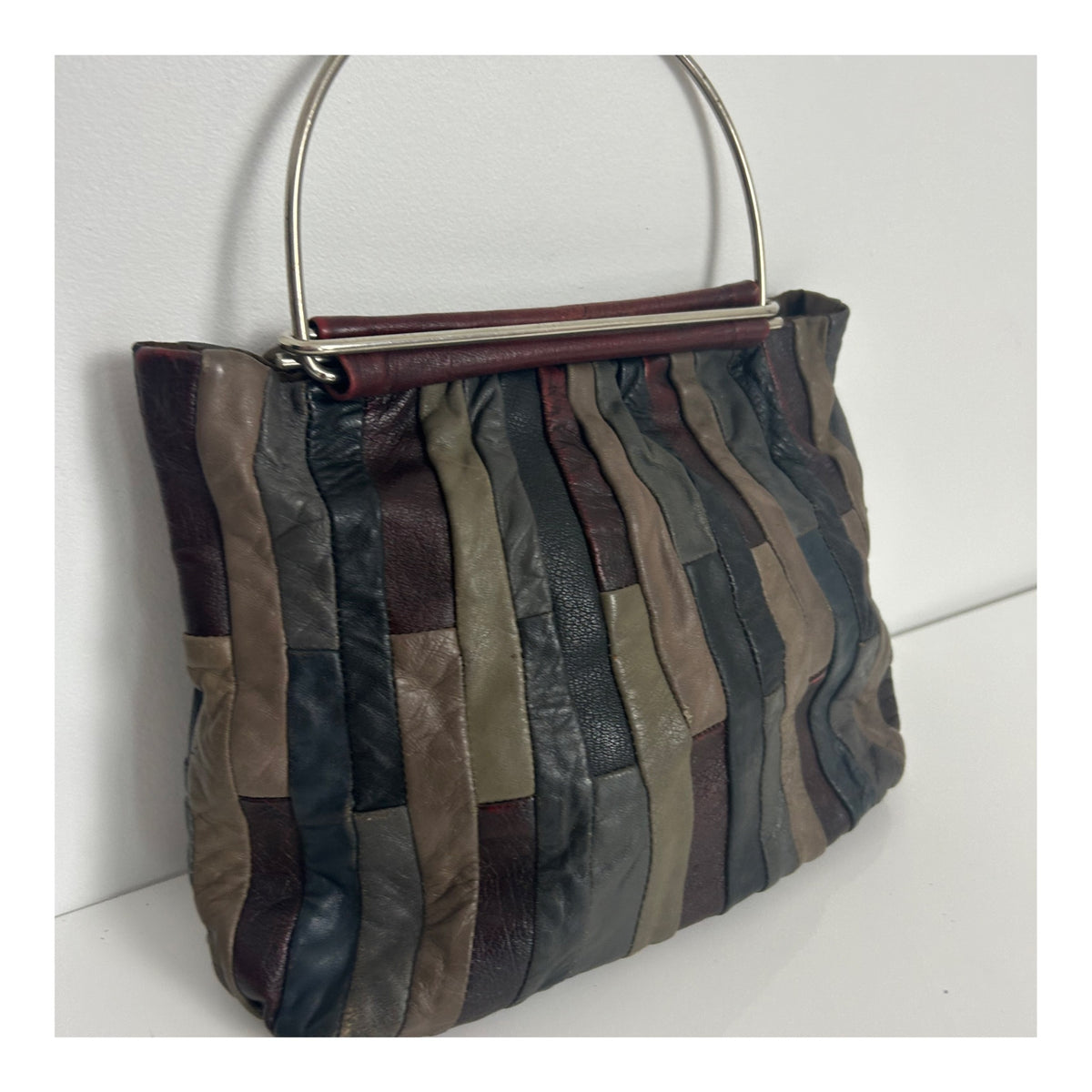 Vintage 1970s Dark Red Green & Grey Tones Patchwork Leather Metal Handled Boho Handbag
