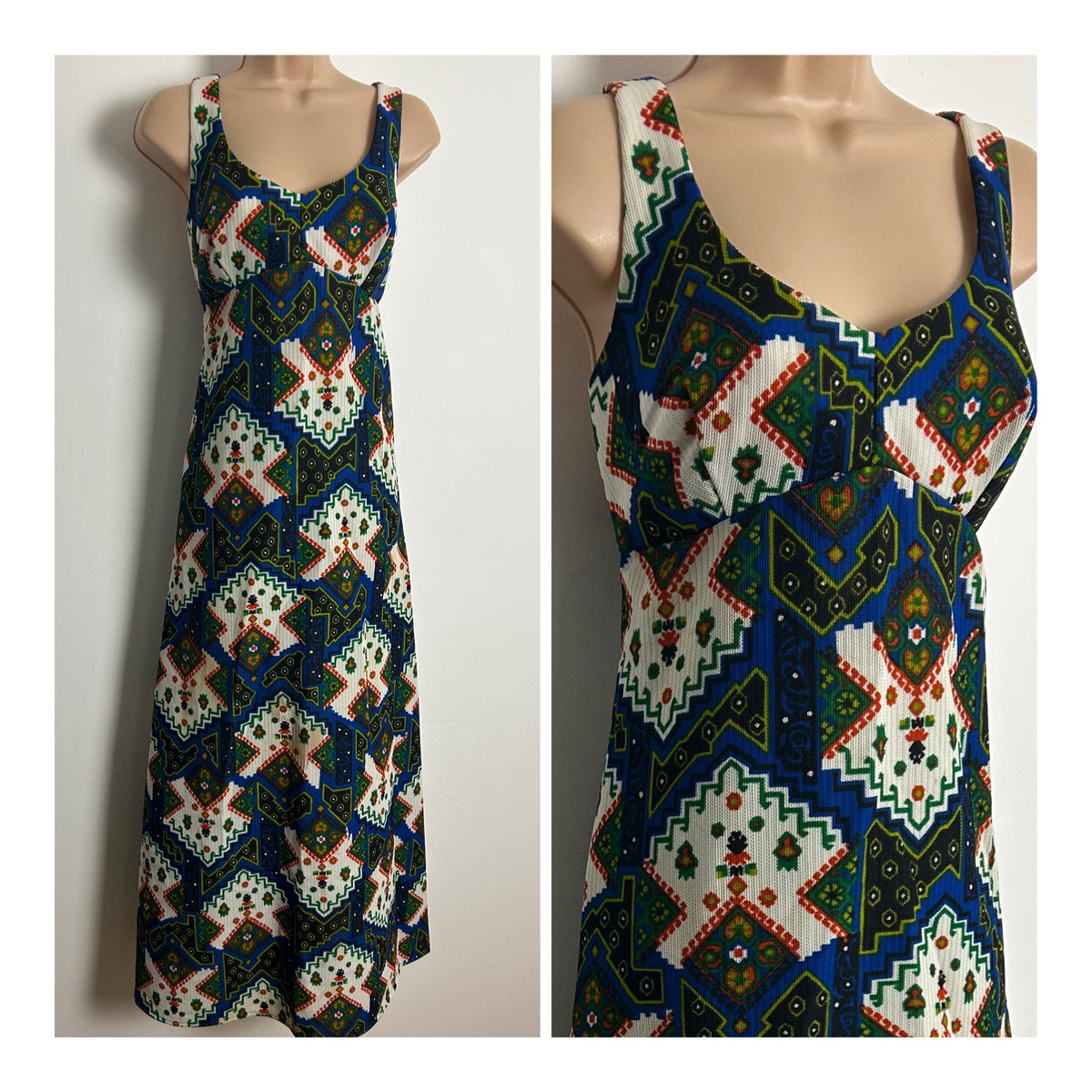 Vintage 1970s Size 10-12 Blue Green Red & White Abstract Print Maxi Dress