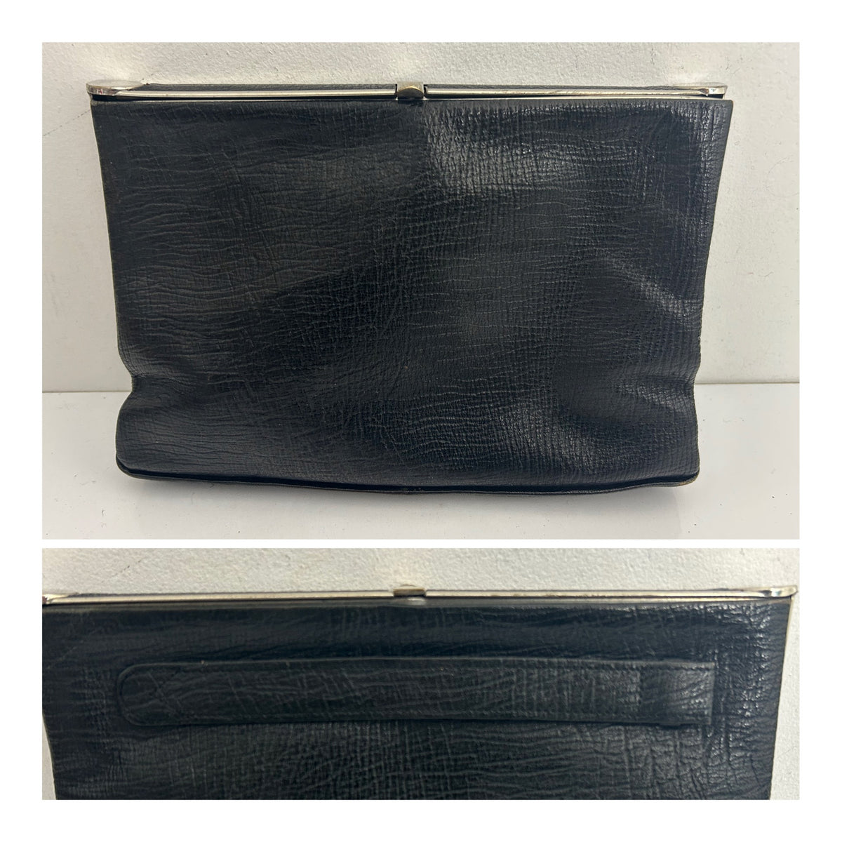 Vintage 1940s Black Leather Mock Reptile Framed Clutch Bag With Hand Strap