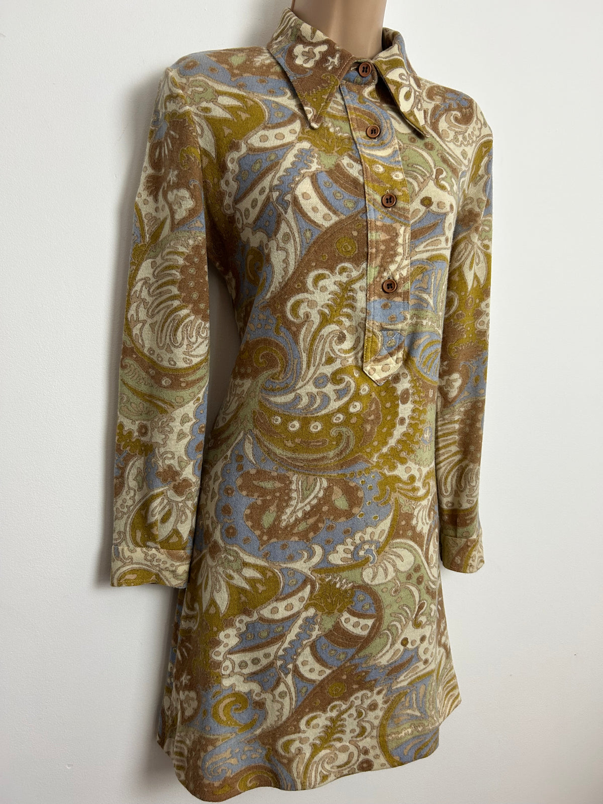 Vintage 1960s GASTON JAUNET Size 12-14 Brown Cream Blue & Pale Green Paisley Wool Mix Mod Shift Dress