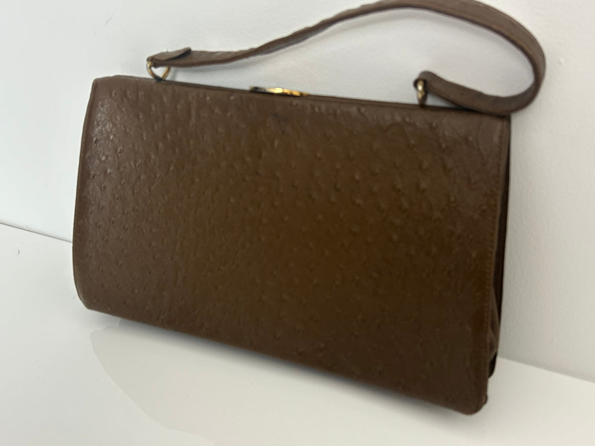 Vintage 1960s Large Brown Leather Ostrich Embossed Kelly Style Handbag