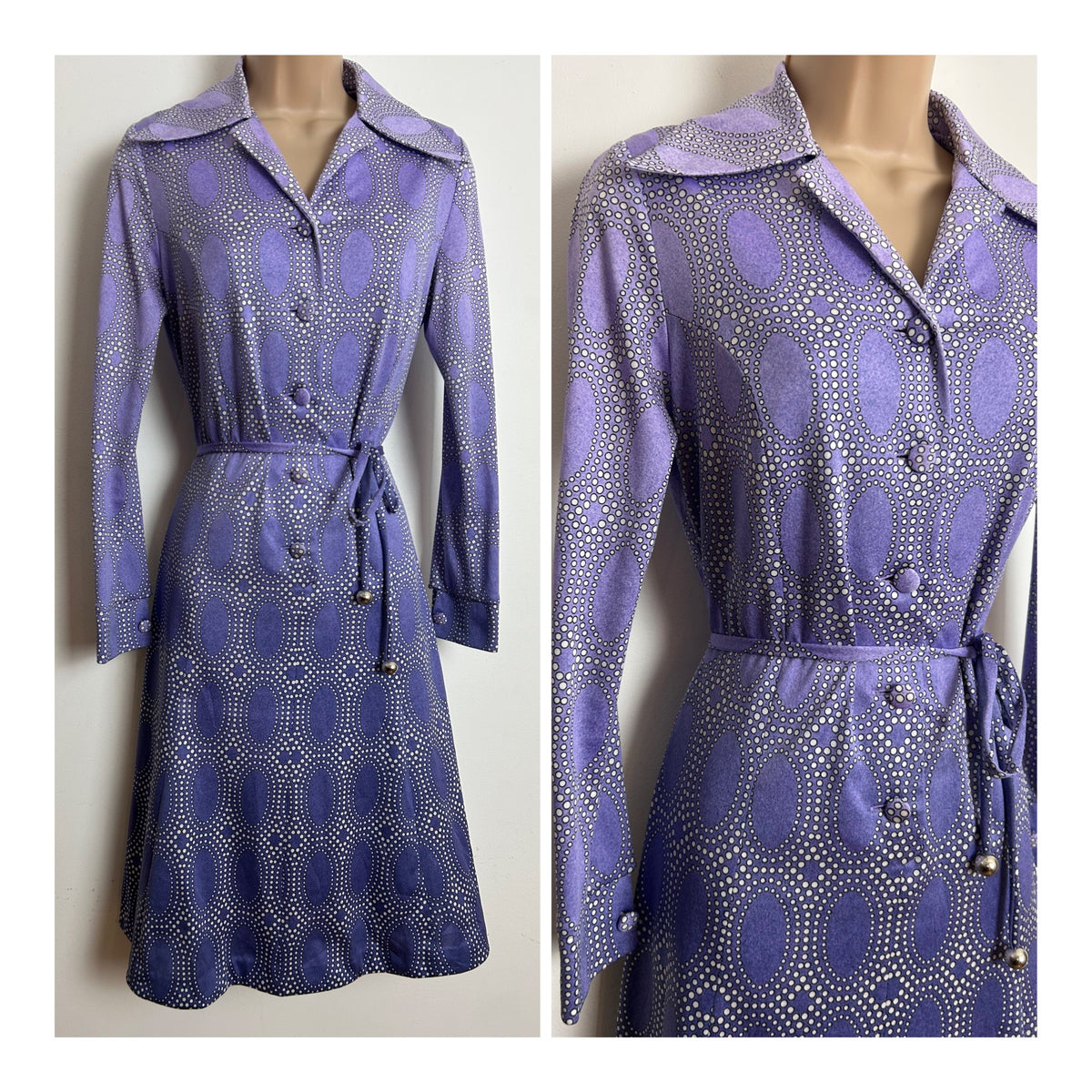 Vintage 1970s FRANKENWALDER Size 12 Lilac & White Spot Circle Print Dagger Collar Belted Day Dress