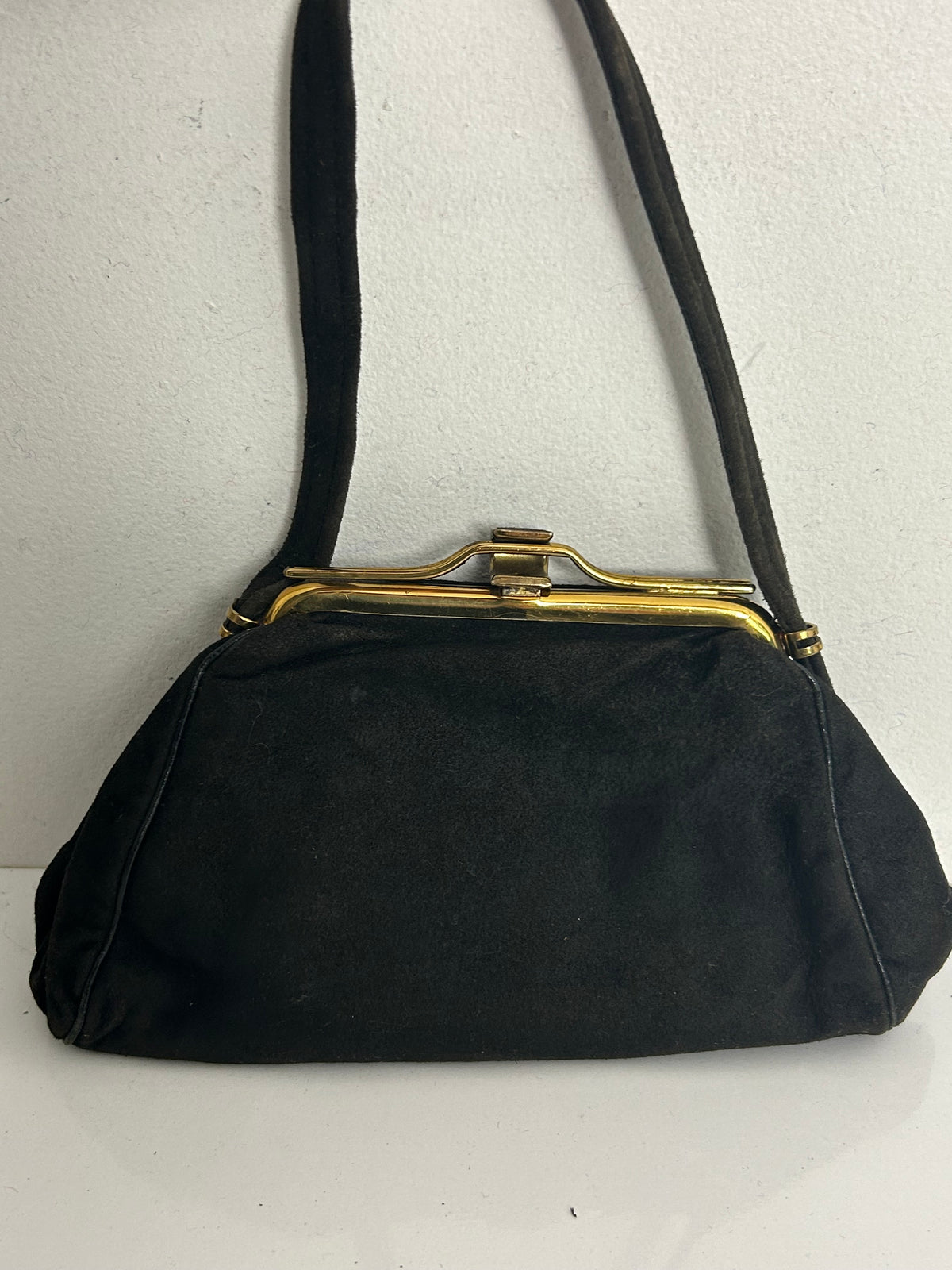 Vintage 1940s Black Suede & Gold Tone Frame Mini Handbag