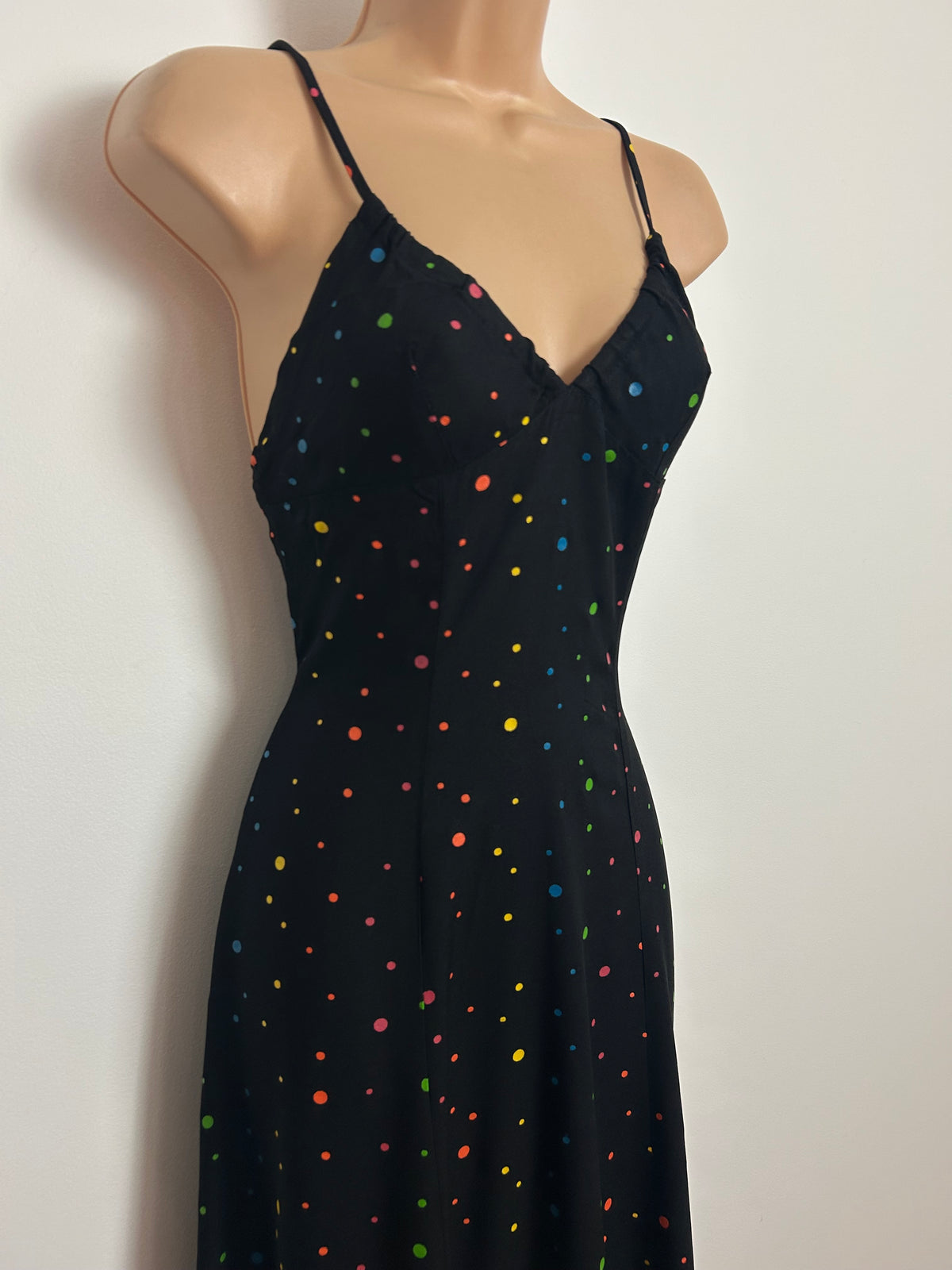 Vintage 1970s DOMINO-D Size 6-8 Black & Multicolour Spot Print Halterneck Maxi Dress