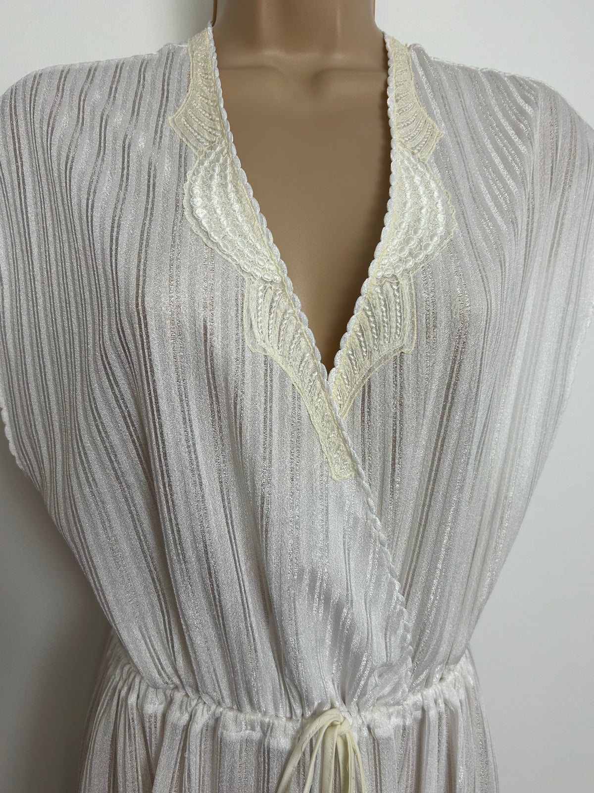 Vintage Late 1970s LOUIS FERAUD LINGERIE Size 12-14 White Stripe Lace Trim Full Length Nightdress
