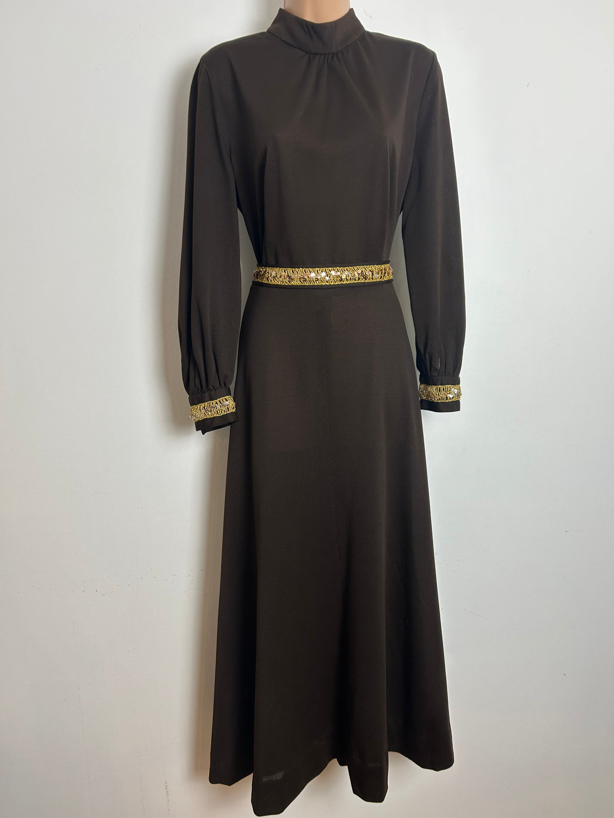 Vintage Early 1970s C&A Size 16 Chocolate Brown & Gold Sequin Trim Belted Occasion Evening Maxi Dress