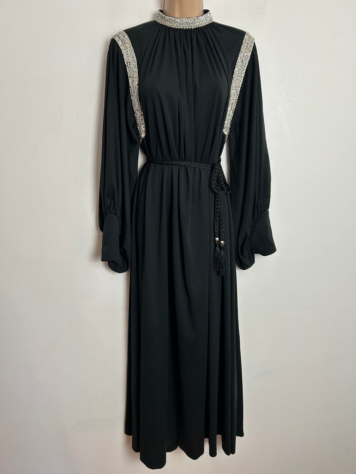 Vintage 1970s UK Size 14-16 Black Silver Braid & Sequin Trim Balloon Cuffed Sleeve Belted Occasion Evening Maxi Dress