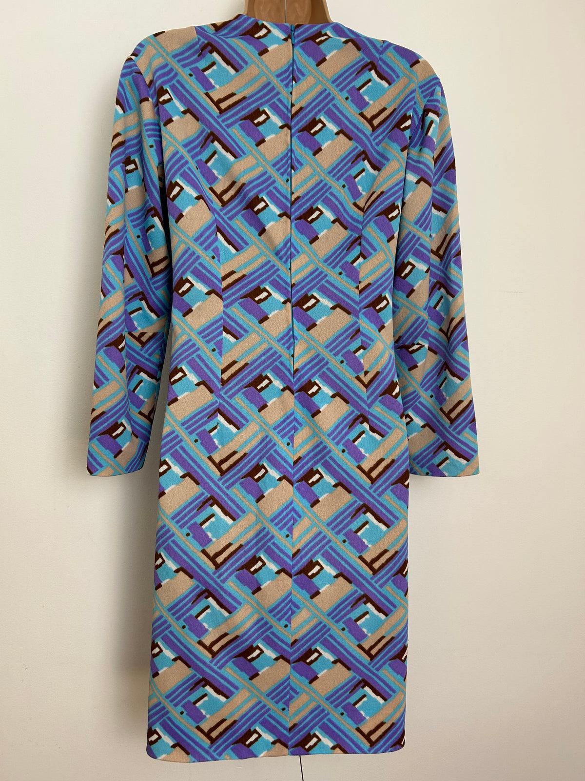 Vintage 1960s Size 14 Purple Blue Beige & Brown Abstract Print 3/4 Sleeve Mod Shift Dress
