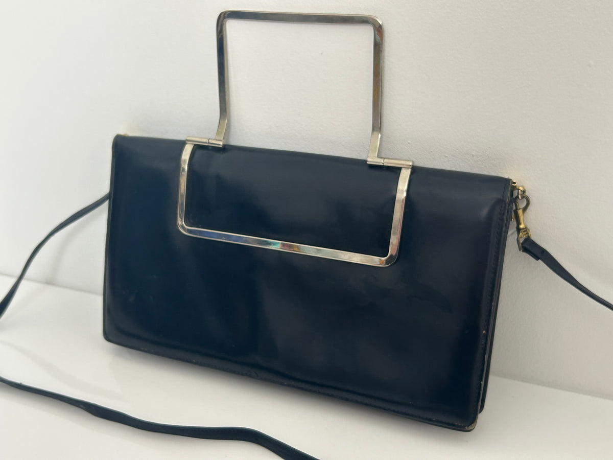 Vintage 1970s Very Dark Blue Leather Silver Handled Mod Clutch Or Shoulder Bag