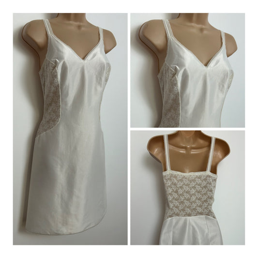 Vintage 1960s HANRO OF SWITZERLAND Size 8 White Nylon Lace Panels Slip