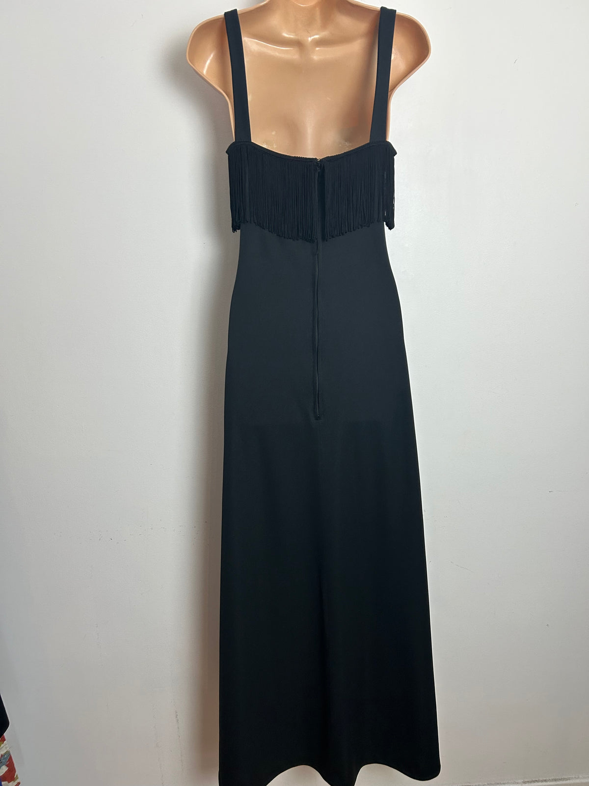 Vintage 1970s Size 8 Black Fringe Tassel Detail Evening Maxi Dress