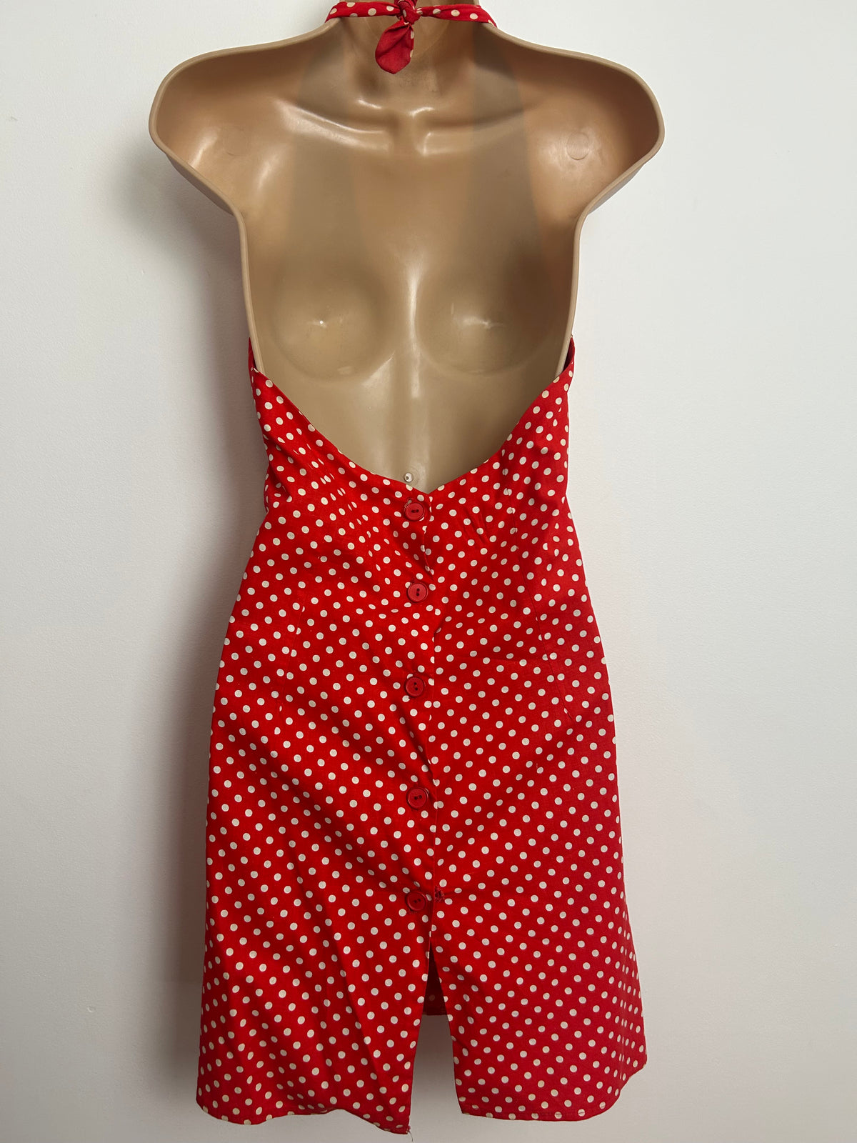 Vintage 1970s MISS SELFRIDGE Size 8-10 Red & White Polka Dot Print Halterneck Short Summer Dress
