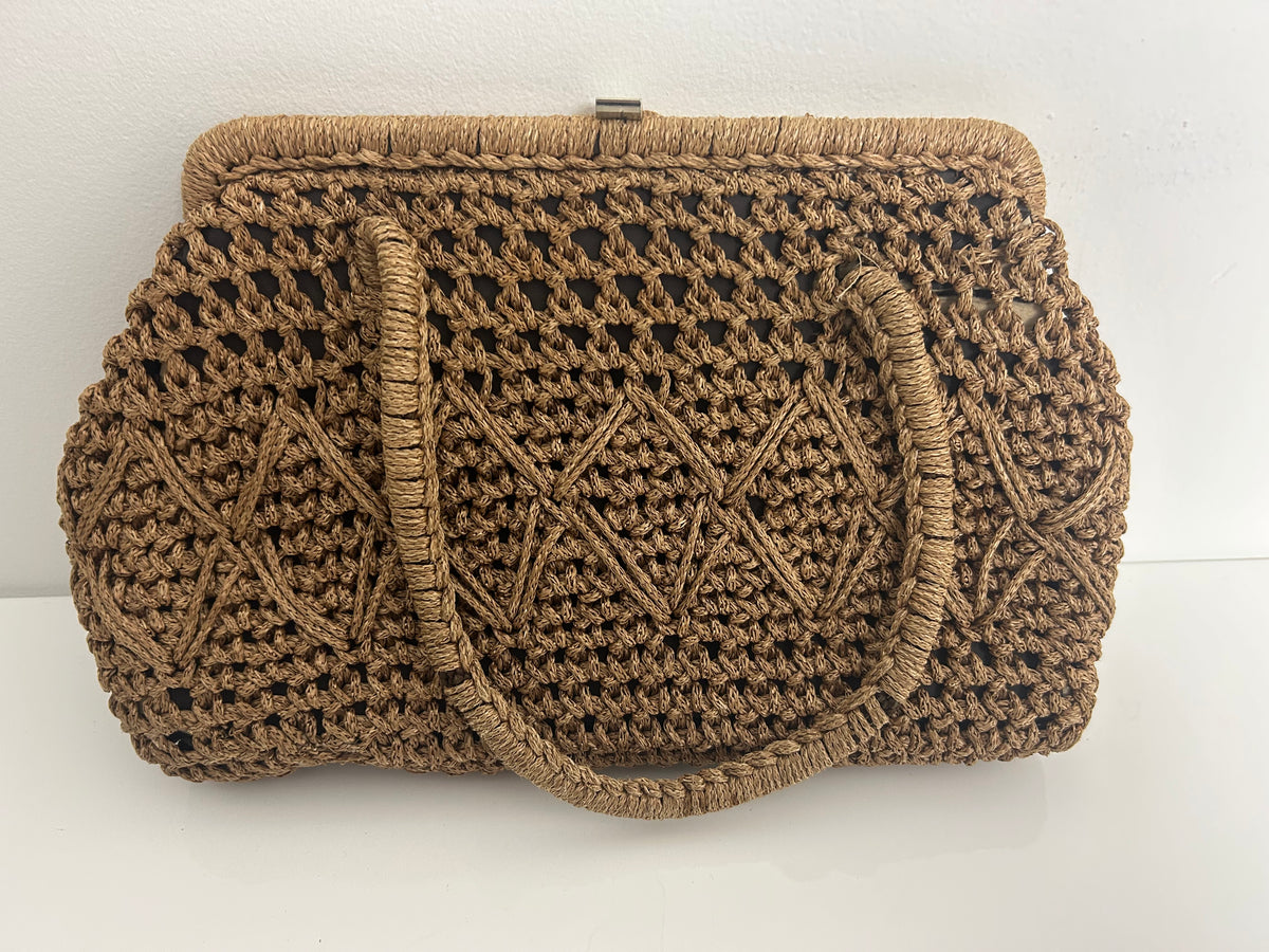 Vintage Late 1950s Pale Brown Woven Raffia Style Double Handle Handbag