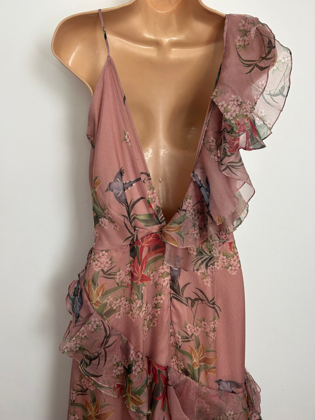 Designer JOHANNE ORTIZ Size 10 (US 6) Pale Pink Floral & Bird Print 100% Silk Ruffle Trim "The Place Of Silent Dress Occasion Maxi Dress
