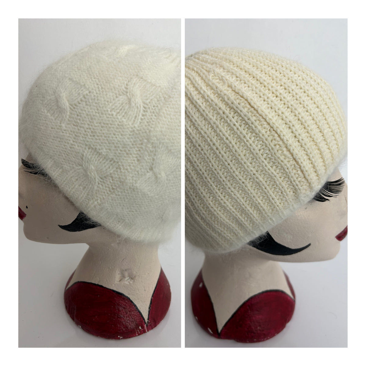 Vintage Cream Wool & Angora Mix Chunky Knit Beanie Style Hat