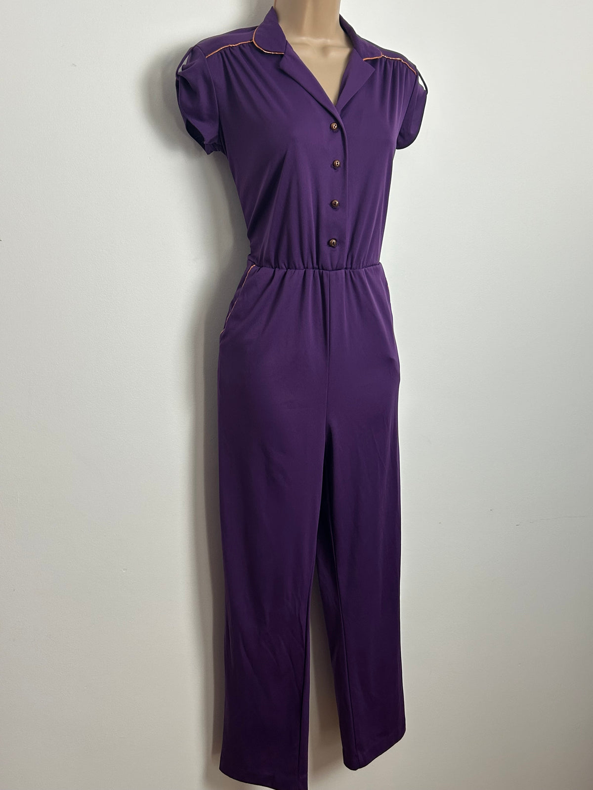 Vintage Early 1980s J.C Penney Purple & Bronze Piping Trim Straight Leg Jumpsuit