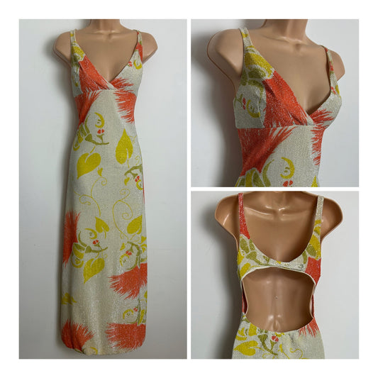 Vintage 1960s RARE BEACHCOMBER Size 8 Jamaican Resort Wear White Orange & Yellow Lurex Open Back Maxi Dress