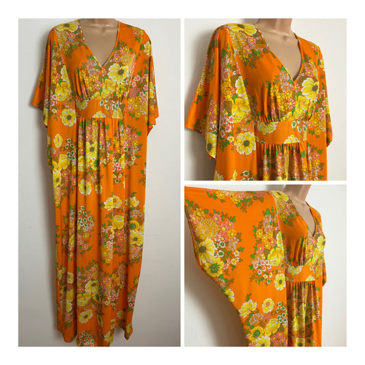 Vintage Late 1960s ST MICHAEL One Size Orange & Yellow Floral Print Wide Sleeve Kaftan Maxi Dress