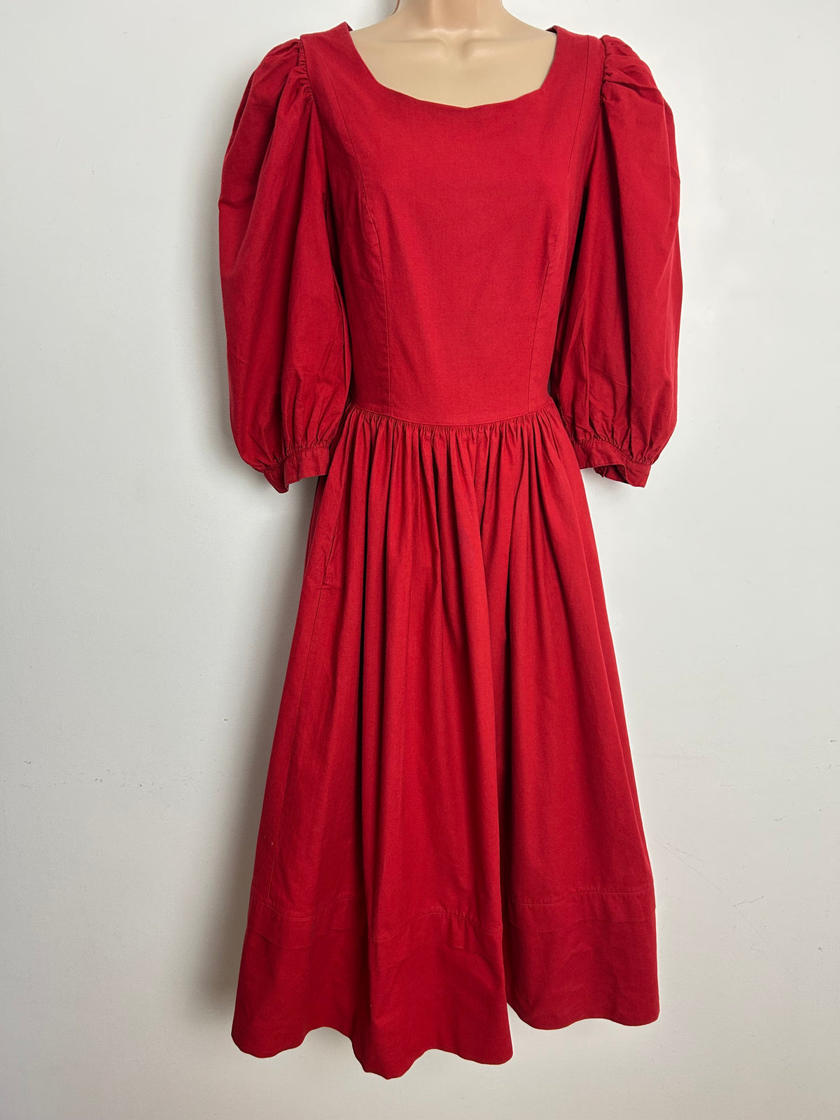 Vintage 1980s LAURA ASHLEY Size 10 (Size 12 On Label) Red Cross Over Back Puff Sleeve Midi Dress